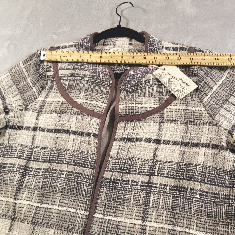Mystree Womens L 12 NWT Artsy Plaid Tencel Linen Bl. Textured Open Jacket Fall - Picture 8 of 12